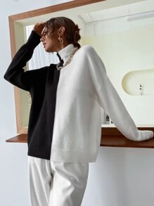 SHEIN Essnce Two Tone High Neck Jumper - Black and White - View 7
