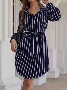 EMERY ROSE Vertical Striped Belted Shirt Dress Fall Cloth For Women - Navy Blue - View 3