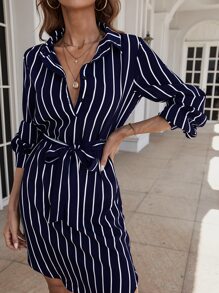 EMERY ROSE Vertical Striped Belted Shirt Dress Fall Cloth For Women - Navy Blue - View 4