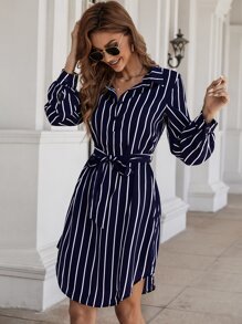 EMERY ROSE Vertical Striped Belted Shirt Dress Fall Cloth For Women - Navy Blue - View 5