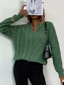 SHEIN Essnce Solid Stand Collar Cable Knit Jumper - Green - View 1