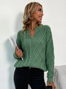 SHEIN Essnce Solid Stand Collar Cable Knit Jumper - Green - View 4