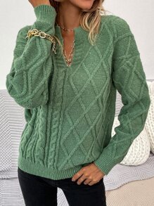 SHEIN Essnce Solid Stand Collar Cable Knit Jumper - Green - View 7