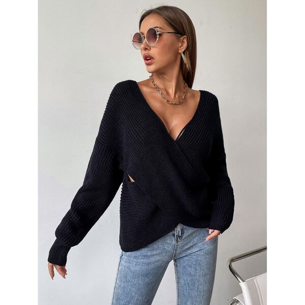 

Crossover Deep V-neck Solid Sweater, Black