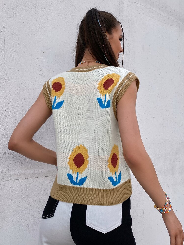 Chaleco de punto con estampado floral - Beis - Añade 2