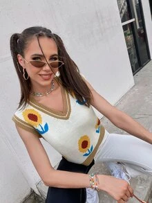 Floral Print Sweater Vest - Beige - View 5