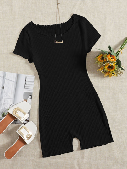 SHEIN EZwear Lettuce Trim Rib-knit Skinny Romper