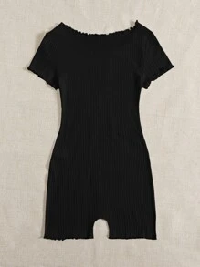 SHEIN EZwear Lettuce Trim Rib-knit Skinny Romper - Black - View 2