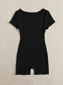 SHEIN EZwear Lettuce Trim Rib-knit Skinny Romper - Black - View 5