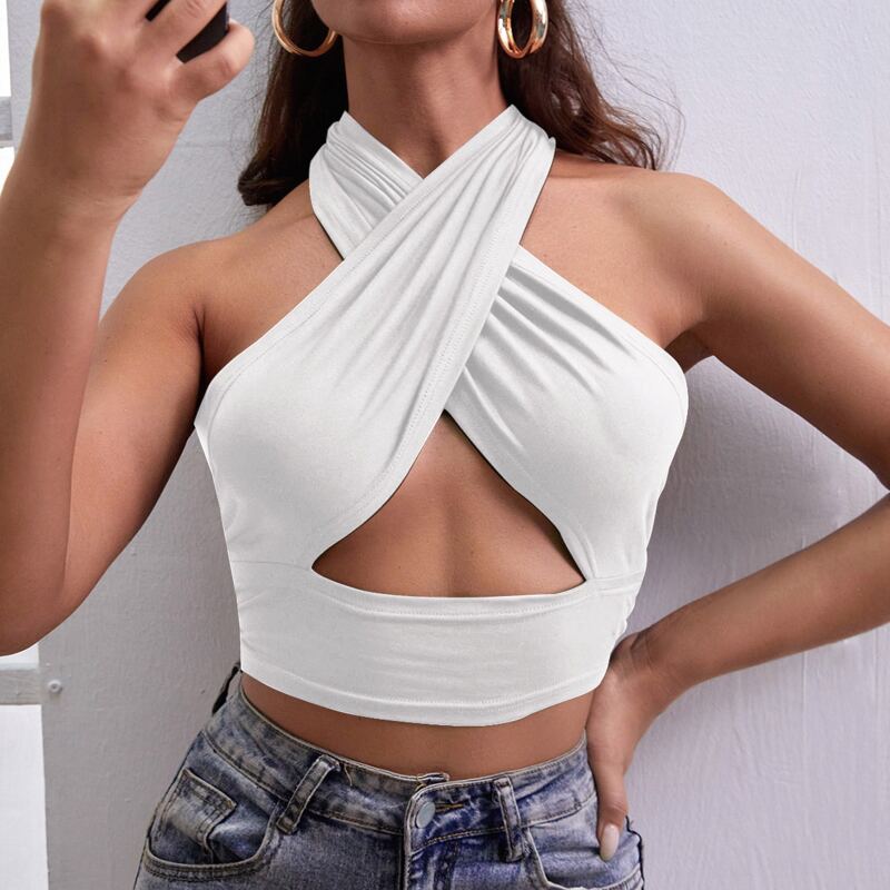 

Solid Cut Out Halter Top, White