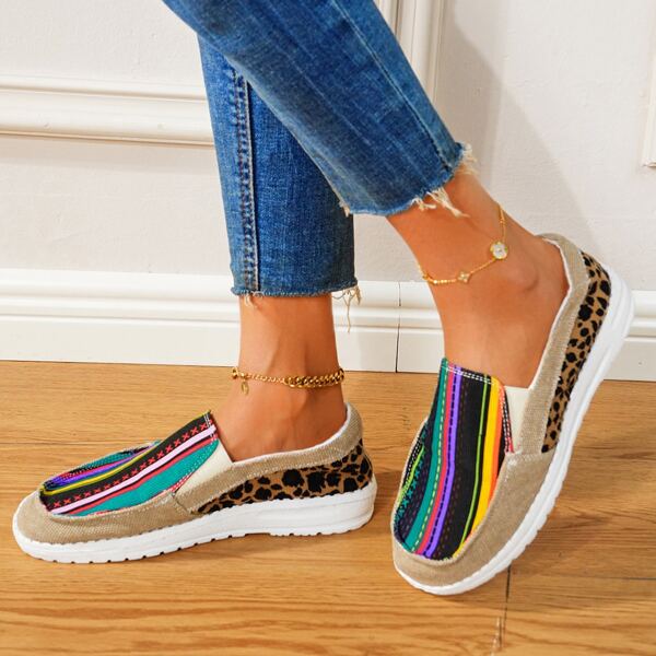 

Striped & Leopard Slip On Denim Sneakers, Multicolor