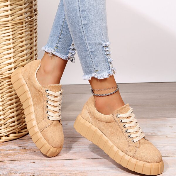 

Minimalist Suede Lace-up Front Skate Shoes, Khaki
