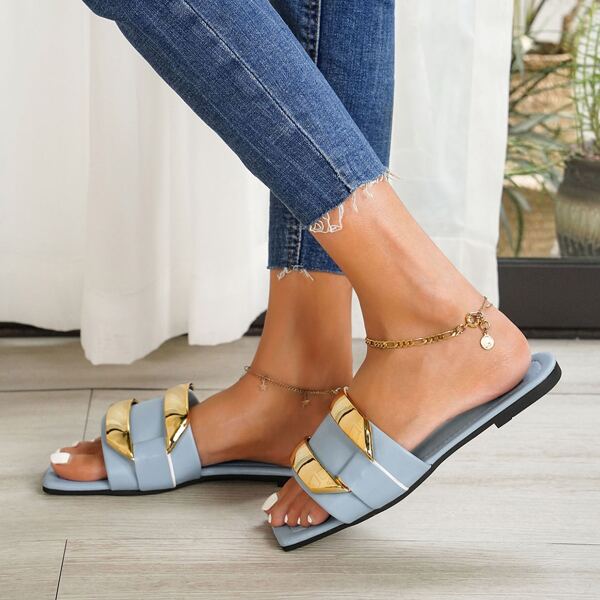 

Two Tone Metal Decor Slide Sandals, Blue
