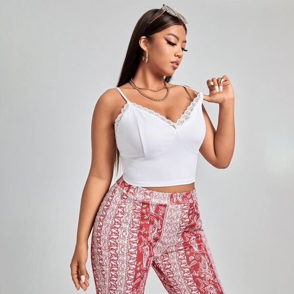 

Plus Lace Trim Crop Cami Top, White