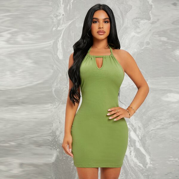 

Keyhole Cutout Open-Back Halter Mini Dress, Lime green