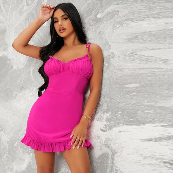 

Ruched Ruffled Self-Tie Cami Mini Dress, Hot pink