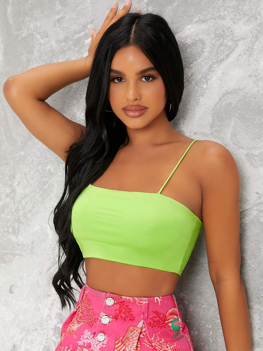 SHEIN Top de tirante corto sólido - Verde Lima - Ver 1
