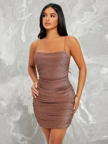 SHEIN SXY Brokatowa sukienka z marszczonymi detalami - Kolor khaki - Zobacz 1