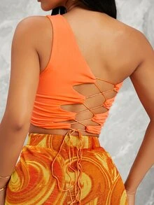 SHEIN BAE Neon Orange Solid Lace-Up Back One-Shoulder Crop Top - Orange - View 4