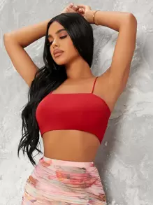SHEIN EZwear Stretch-Knit Cropped Cami Top - Red - View 1