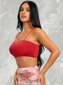 SHEIN EZwear Stretch-Knit Cropped Cami Top - Red - View 3
