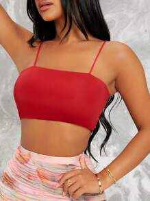 SHEIN EZwear Stretch-Knit Cropped Cami Top - Red - View 4
