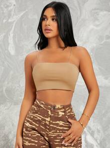 SHEIN Essnce Áo hai dây màu trơn Gợi cảm - Màu Khaki - Xem 1