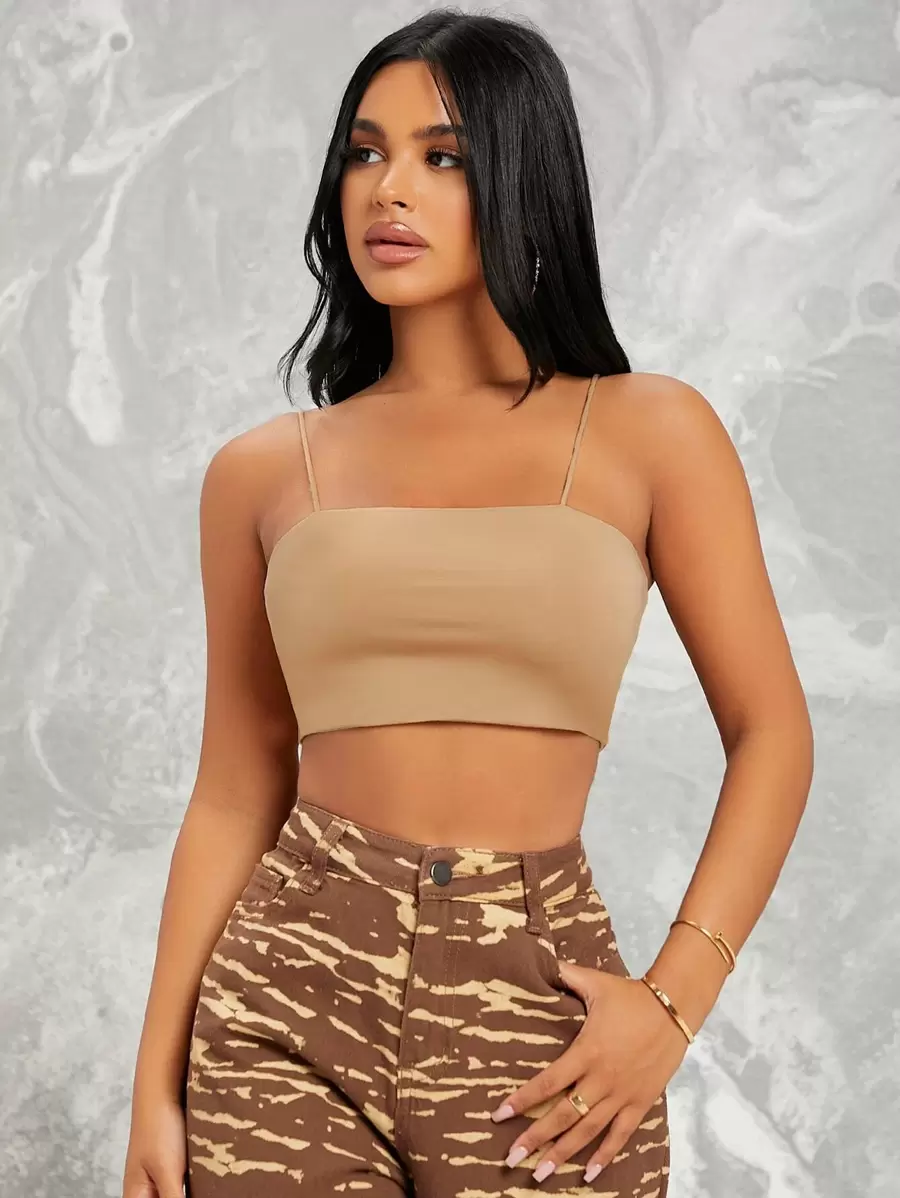 SHEIN Essnce Áo hai dây màu trơn Gợi cảm - Màu Khaki - Xem 1
