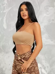 SHEIN Essnce Áo hai dây màu trơn Gợi cảm - Màu Khaki - Xem 3