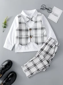 學院前紐扣格子男童（小）兩件套
