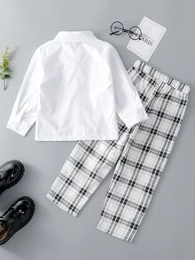 學院前紐扣格子男童（小）兩件套