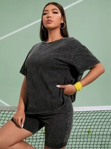 SHEIN Camiseta de hombros caídos & Shorts biker - Negro - Ver 2
