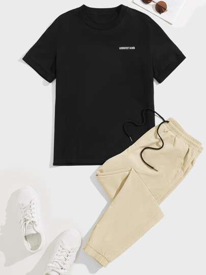 Guys Letter Embroidery Tee & Drawstring Waist Sweatpants