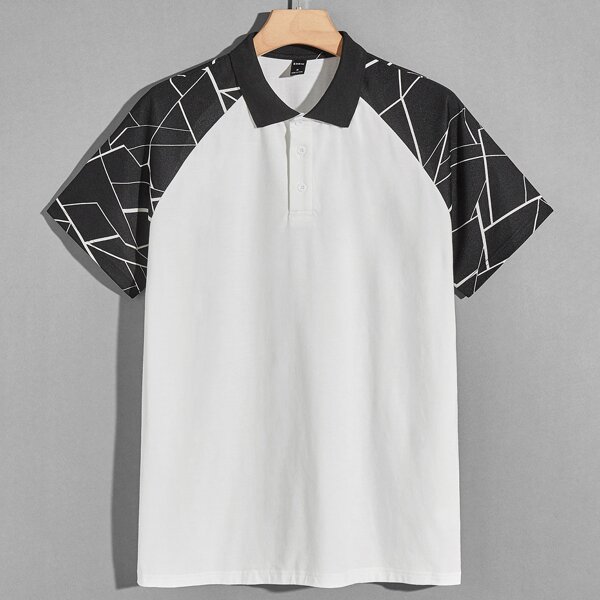 

Men Geo Print Raglan Sleeve Polo Shirt, Black and white
