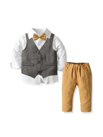 SHEIN Jeune Garçon À Bouton Chemise & Gilet & Taille Élastique Pantalon