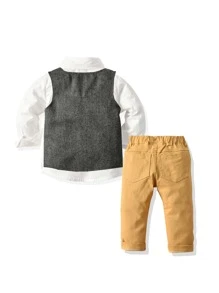 SHEIN 男小童前紐扣襯衫和背心和彈性腰帶長褲