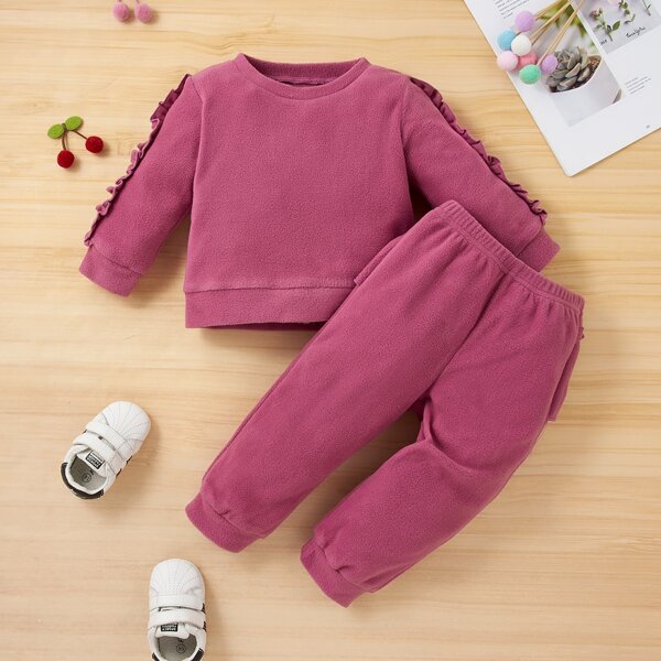

Baby Solid Ruffle Trim Sweatshirt & Pants Set, Rose red