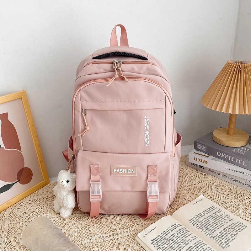 

Zipper Front Double Buckle Backpack, Pink