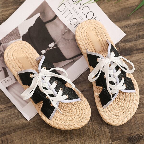 

Braided Design Lace-up Decor Slides, Black