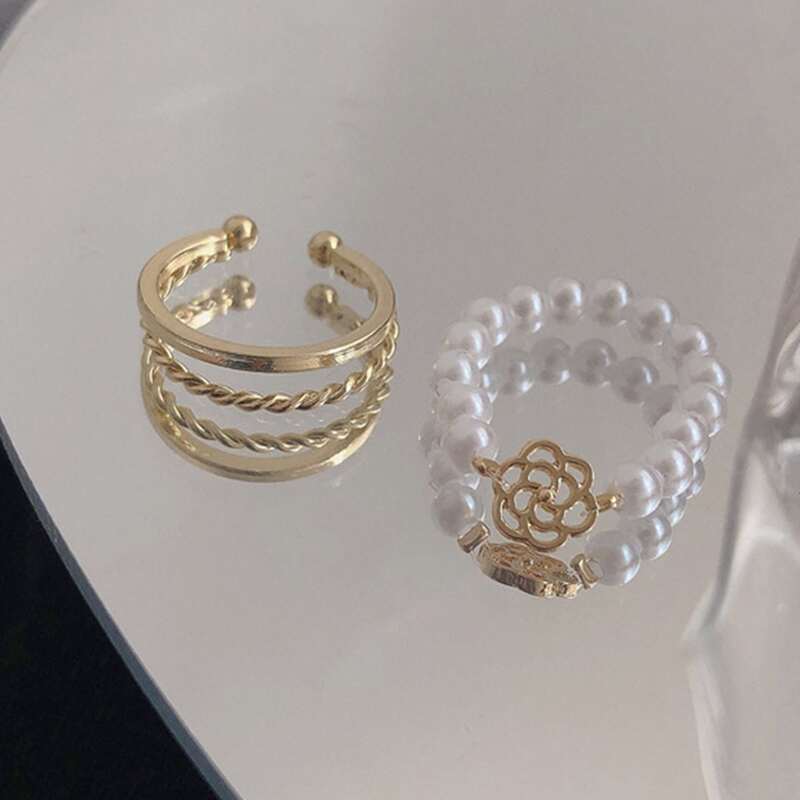 

2pcs Flower Beaded Ring, Gold