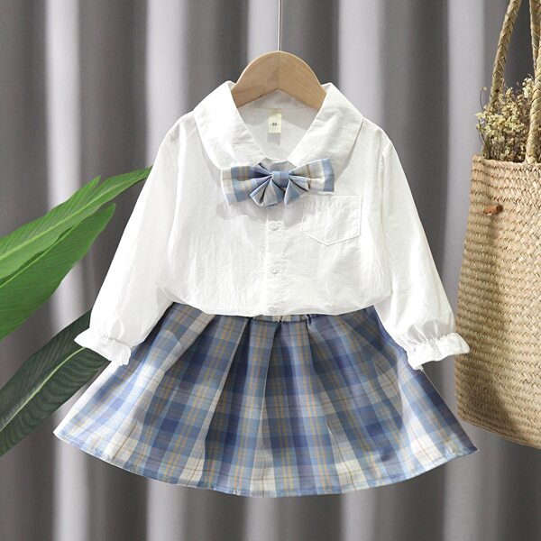 

Toddler Girls Flounce Sleeve Blouse & Plaid Flare Skirt With Bow, Blue and white