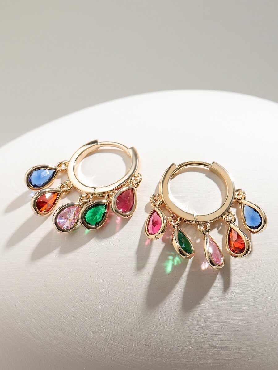 1入組水滴方晶鋯石裝飾耳環銅首飾類 - 金黃色 - 查看 1