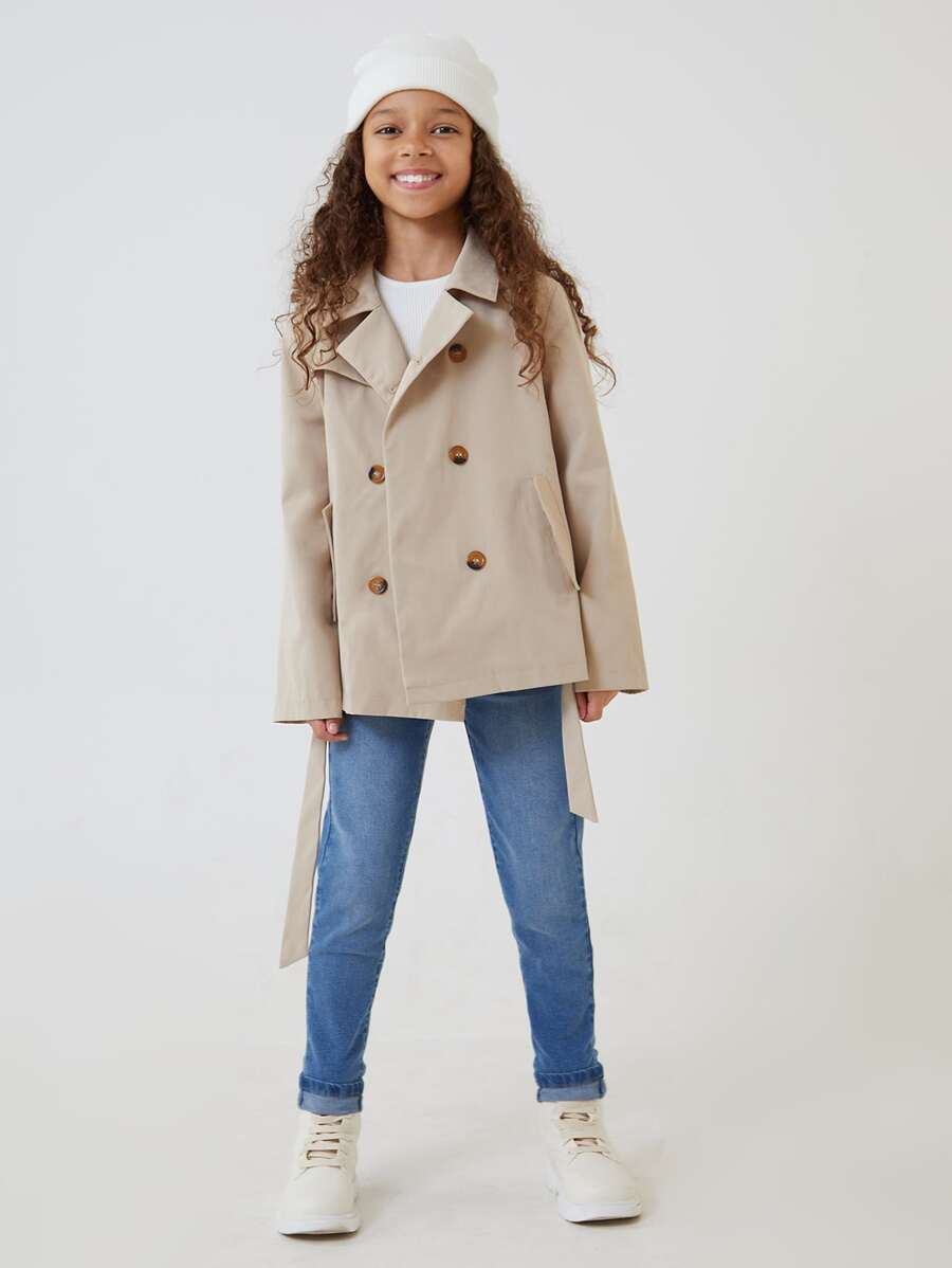 SHEIN 女孩雙排釦腰帶外套