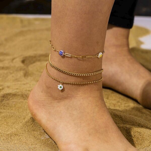 

2pcs Flower Pattern Bead Decor Anklet, Gold