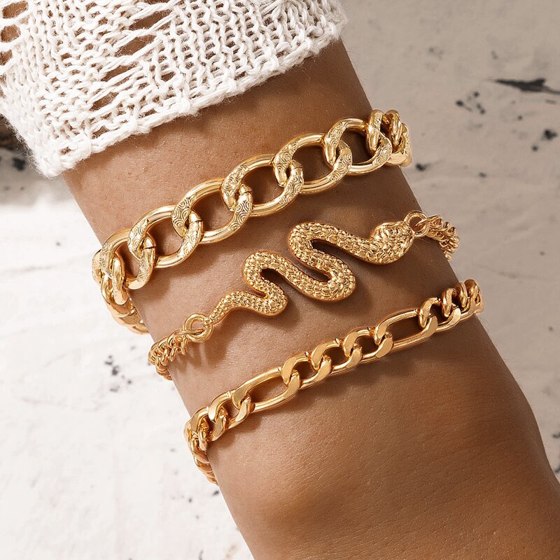 

3pcs Snake Design Chain Bracelet, Gold
