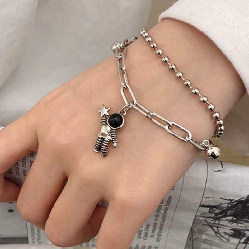 

Astronaut Charm Layered Chain Bracelet, Silver