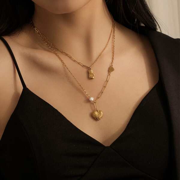 

Heart Charm Layered Necklace, Gold