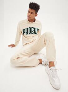 Manfinity 1入組字母刺繡套頭衫和衛褲 - 杏色 - 查看 3