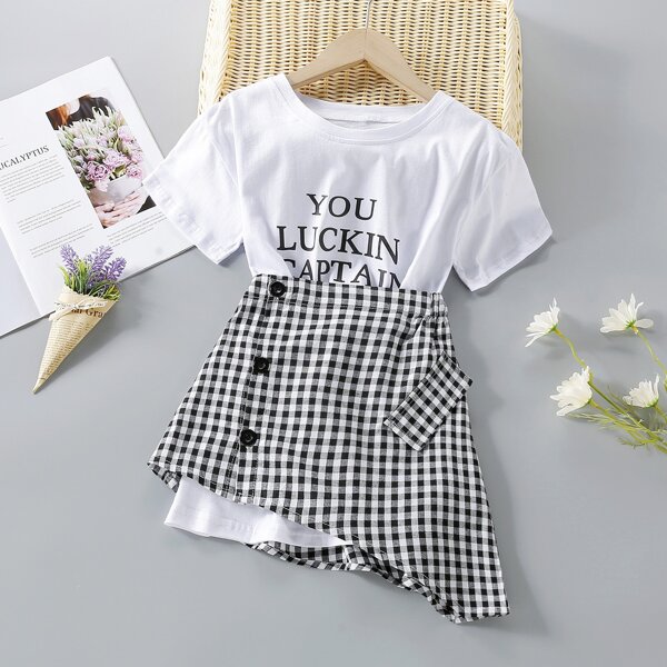 

Girls Letter Graphic Tee & Gingham Print Asymmetrical Hem Skirt, Black and white