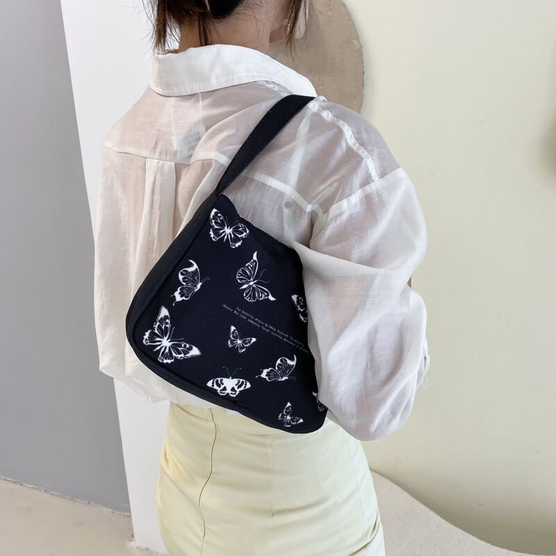 

Butterfly Print Letter Graphic Shoulder Bag, Black